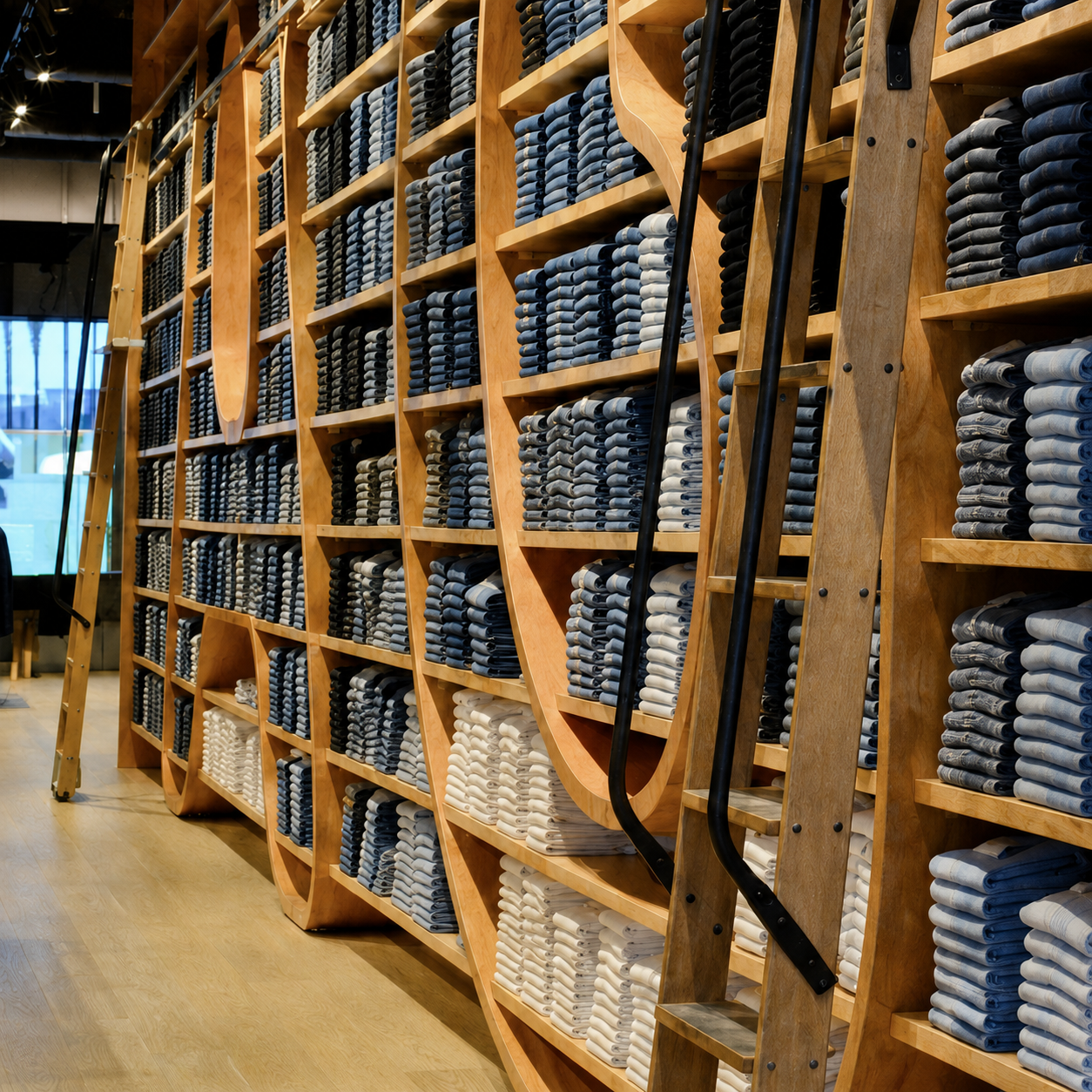 Retail denim presentation with floor-to-ceiling wooden shelving